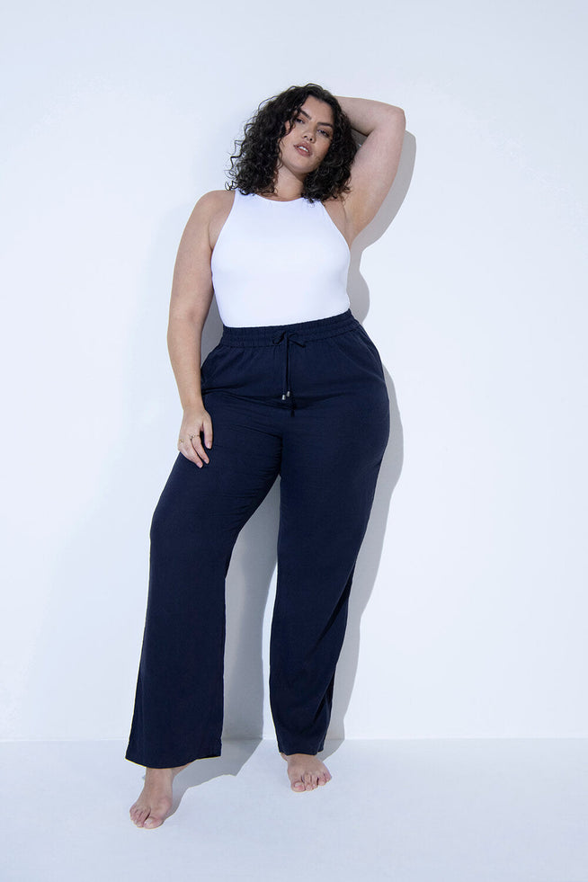 Pantalon en lin grande taille - Marine
