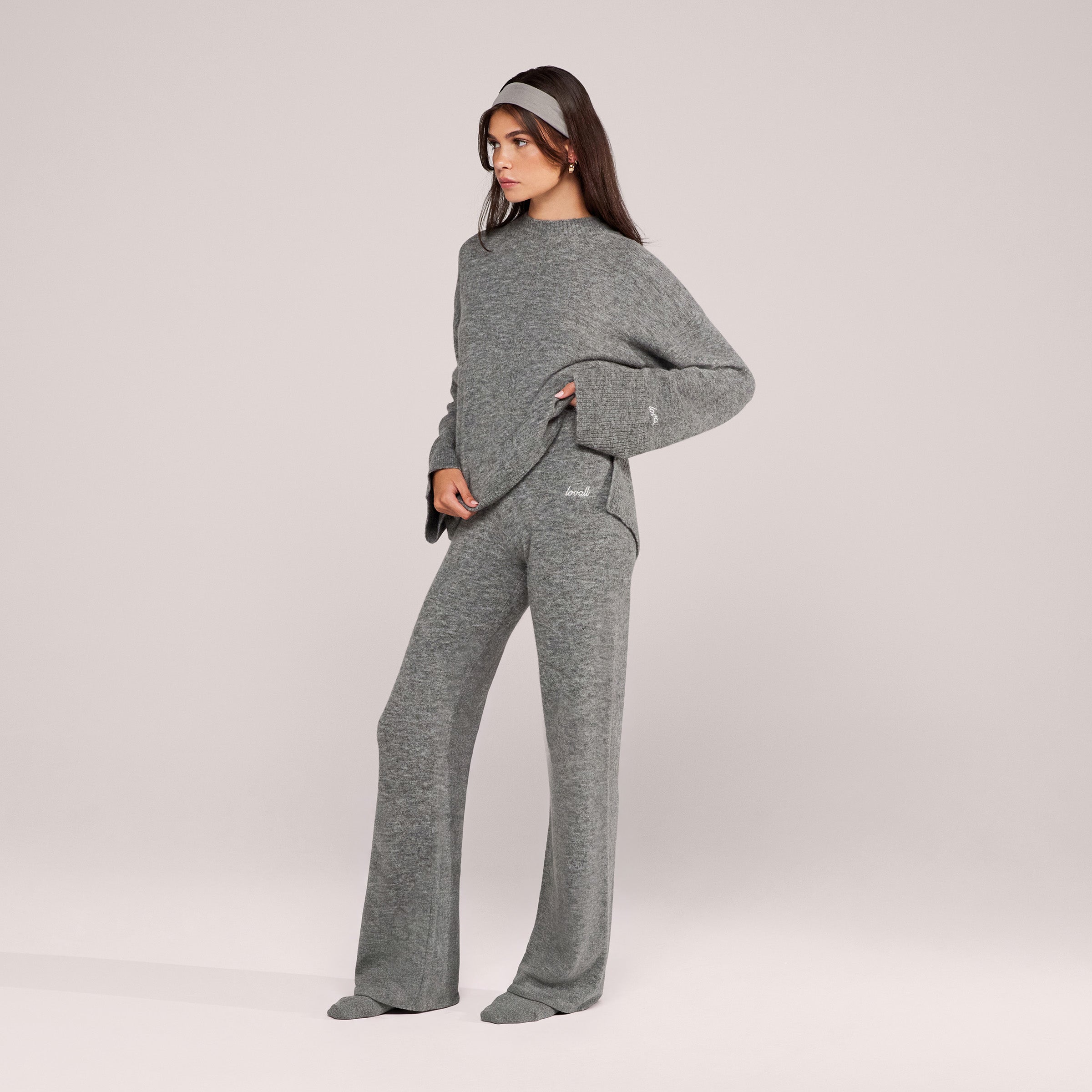 Pantalon large en maille brossée - Gris