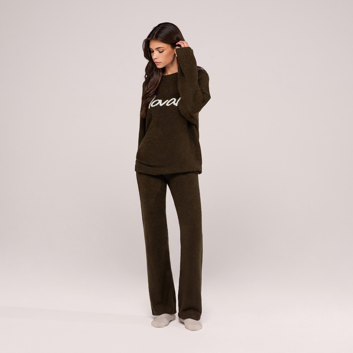 Pantalon ample en maille brossée - Vert olive foncé