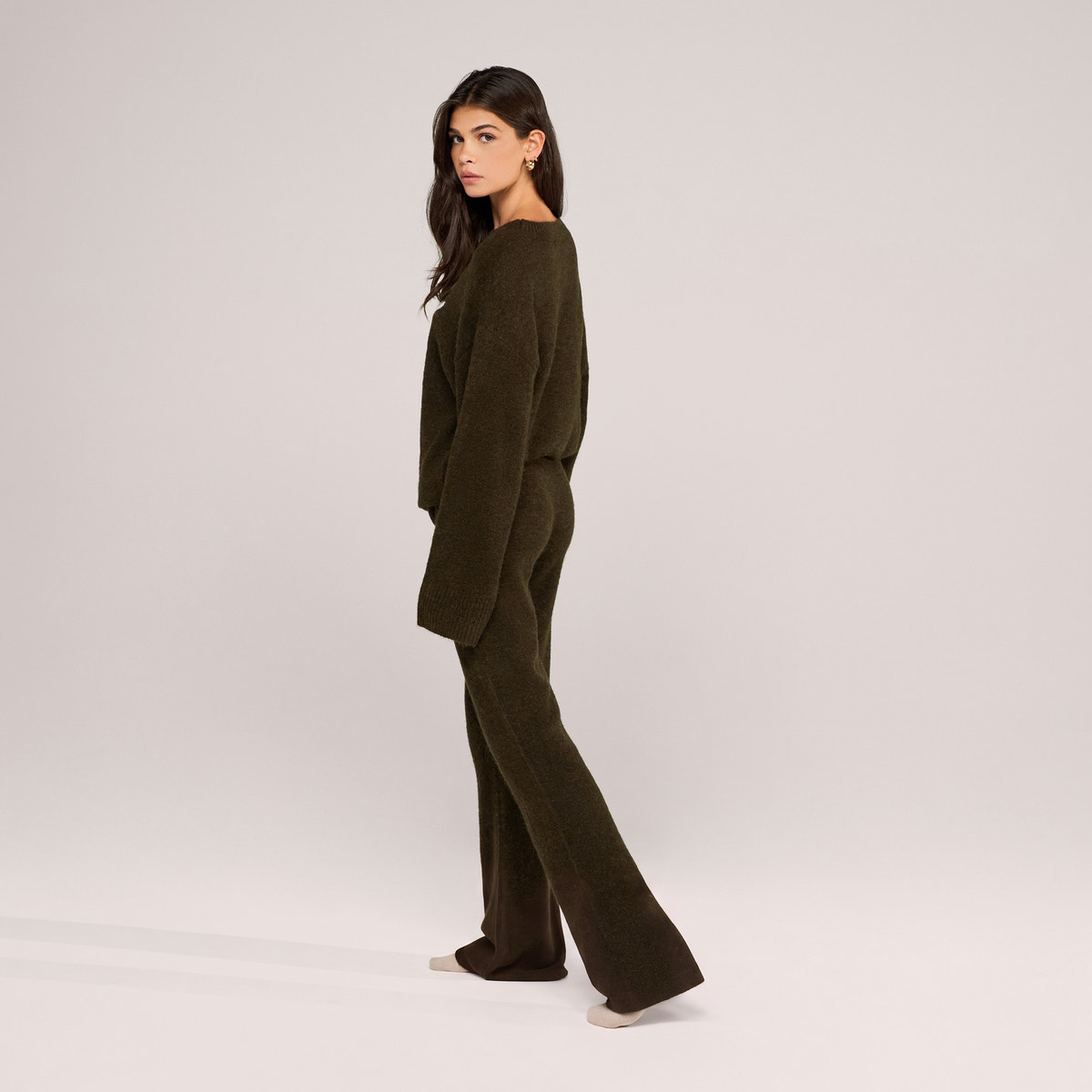 Pantalon ample en maille brossée - Vert olive foncé