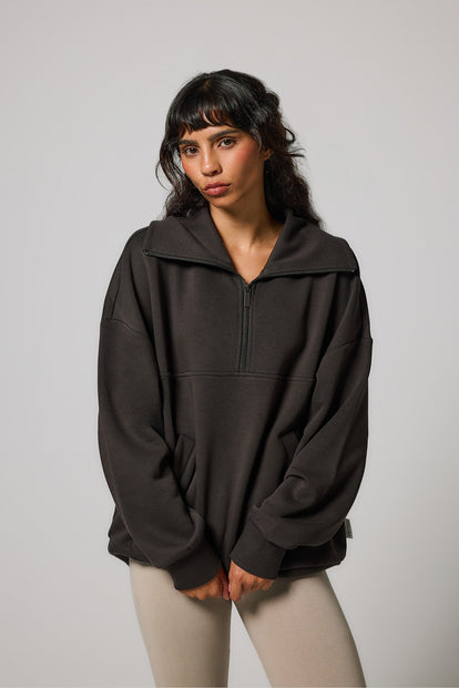 ALL SZN organique Pull Oversize avec Quart de Zip - Black Coffee