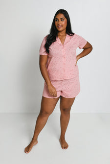 Ensemble de pyjama court à boutonnière pur coton grande taille - Rose Dot