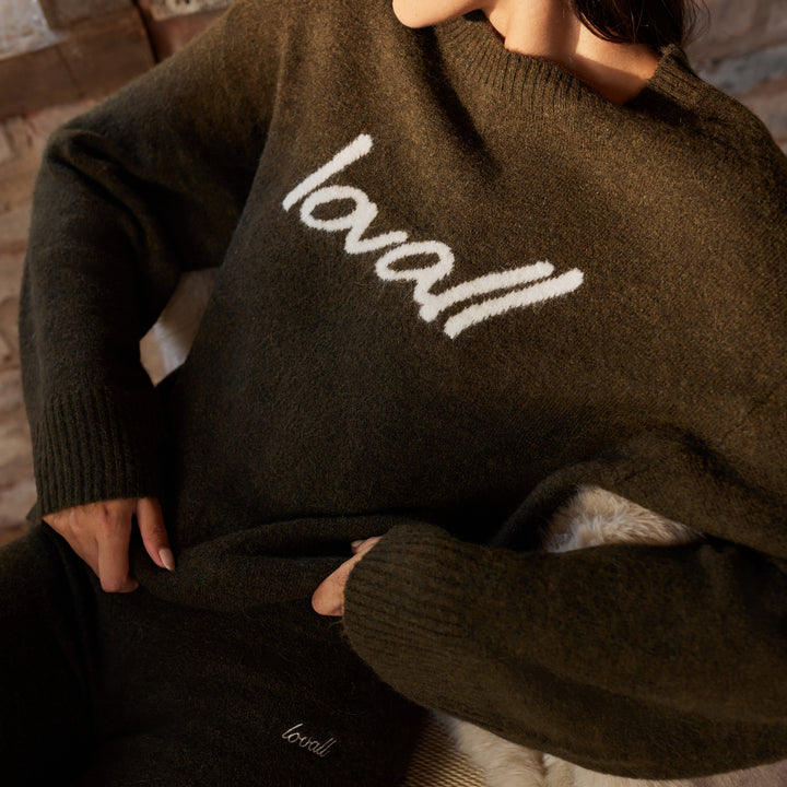Pull surdimensionné en maille brossée à motif - Vert olive foncé