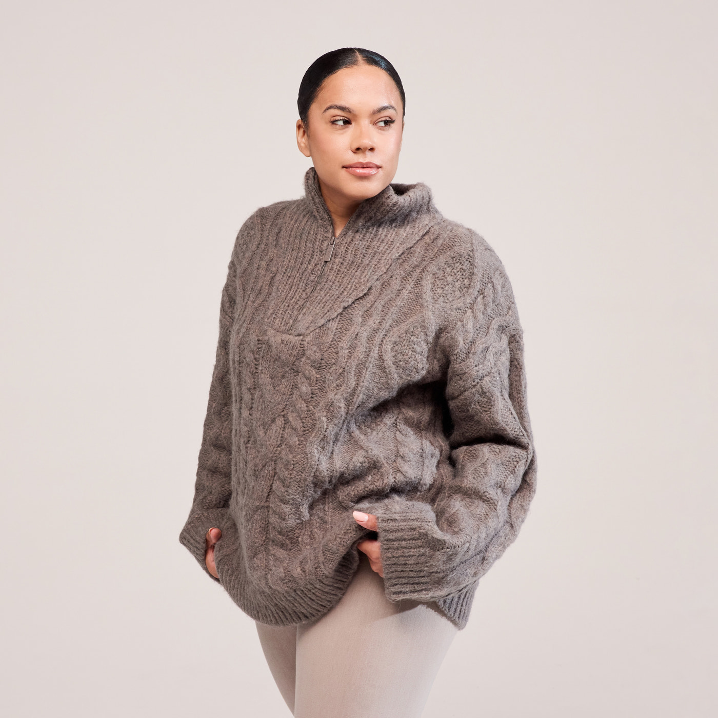 Curve Cable Knit 1/4 Zip Jumper - Mocha