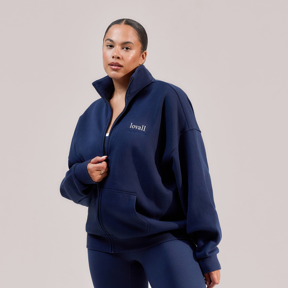 Haut zippé à col cheminée en coton biologique – Bleu marine