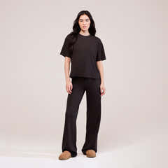 Ensemble détente large en tissu doux – Café noir