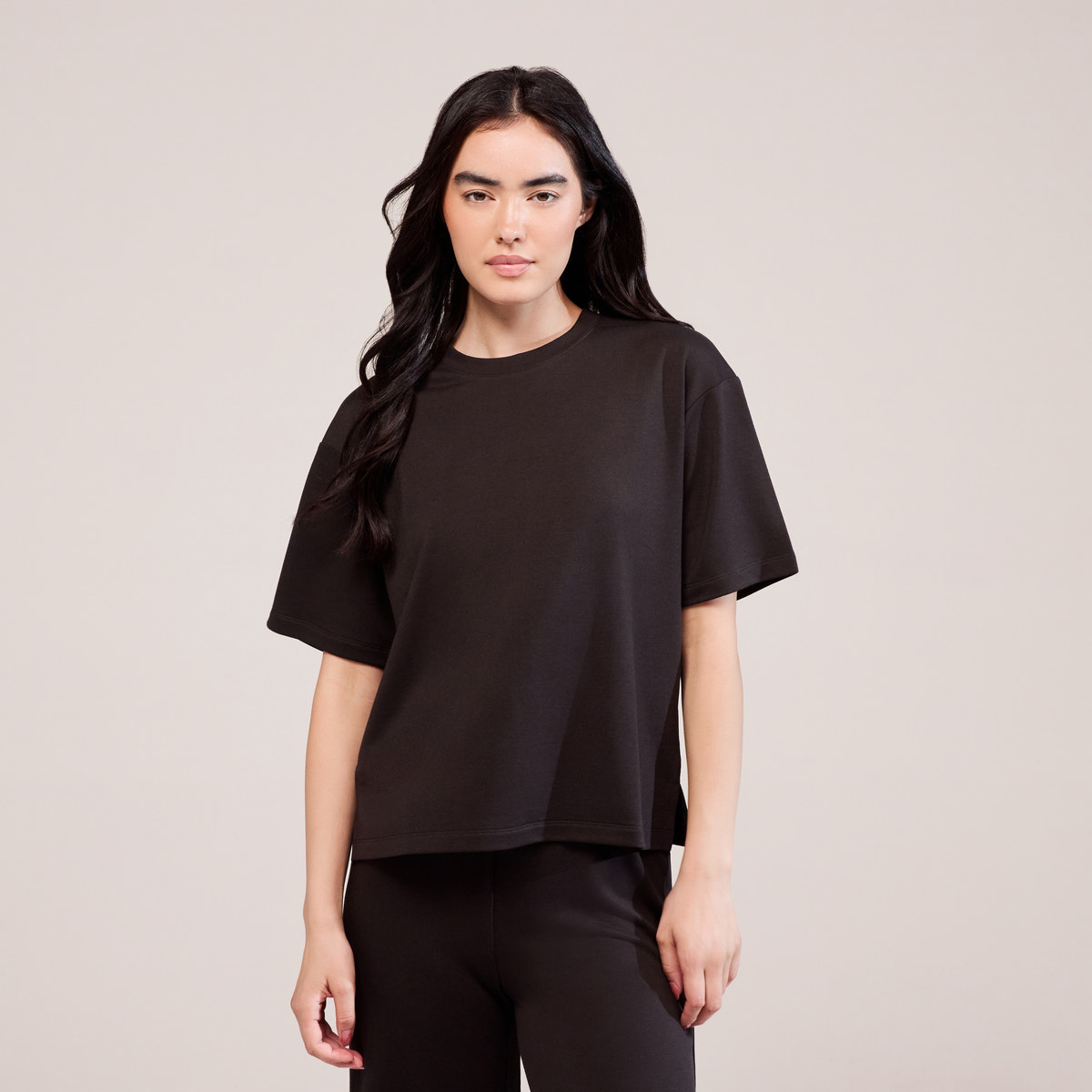 Ensemble détente large en tissu doux – Café noir
