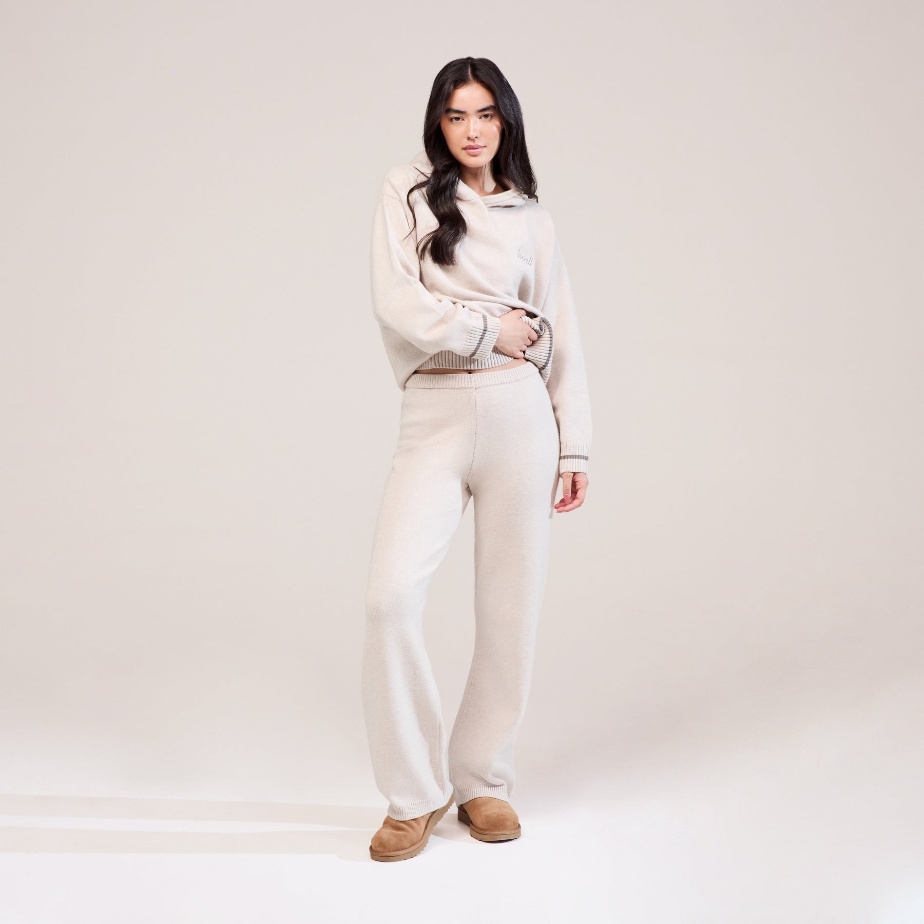 Soft Knit Wide Leg Trousers - Beige