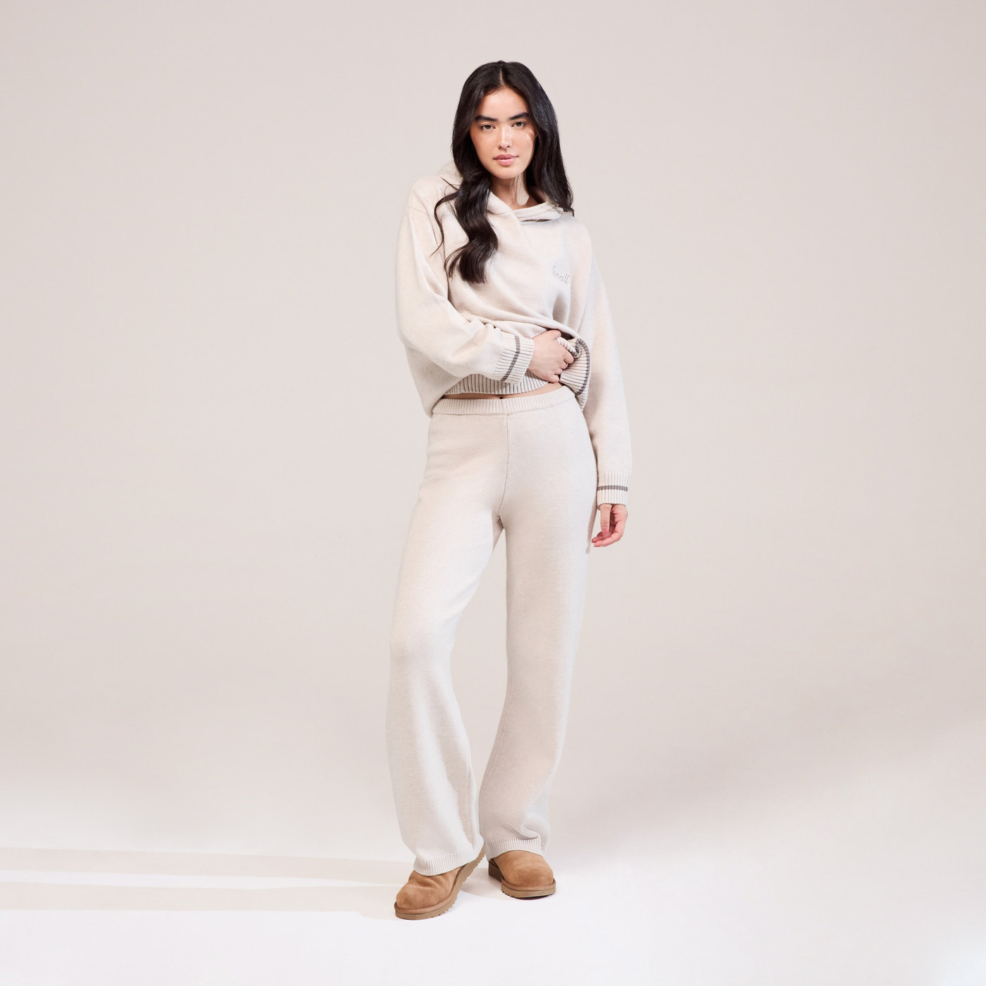 Soft Knit Wide Leg Trousers - Beige