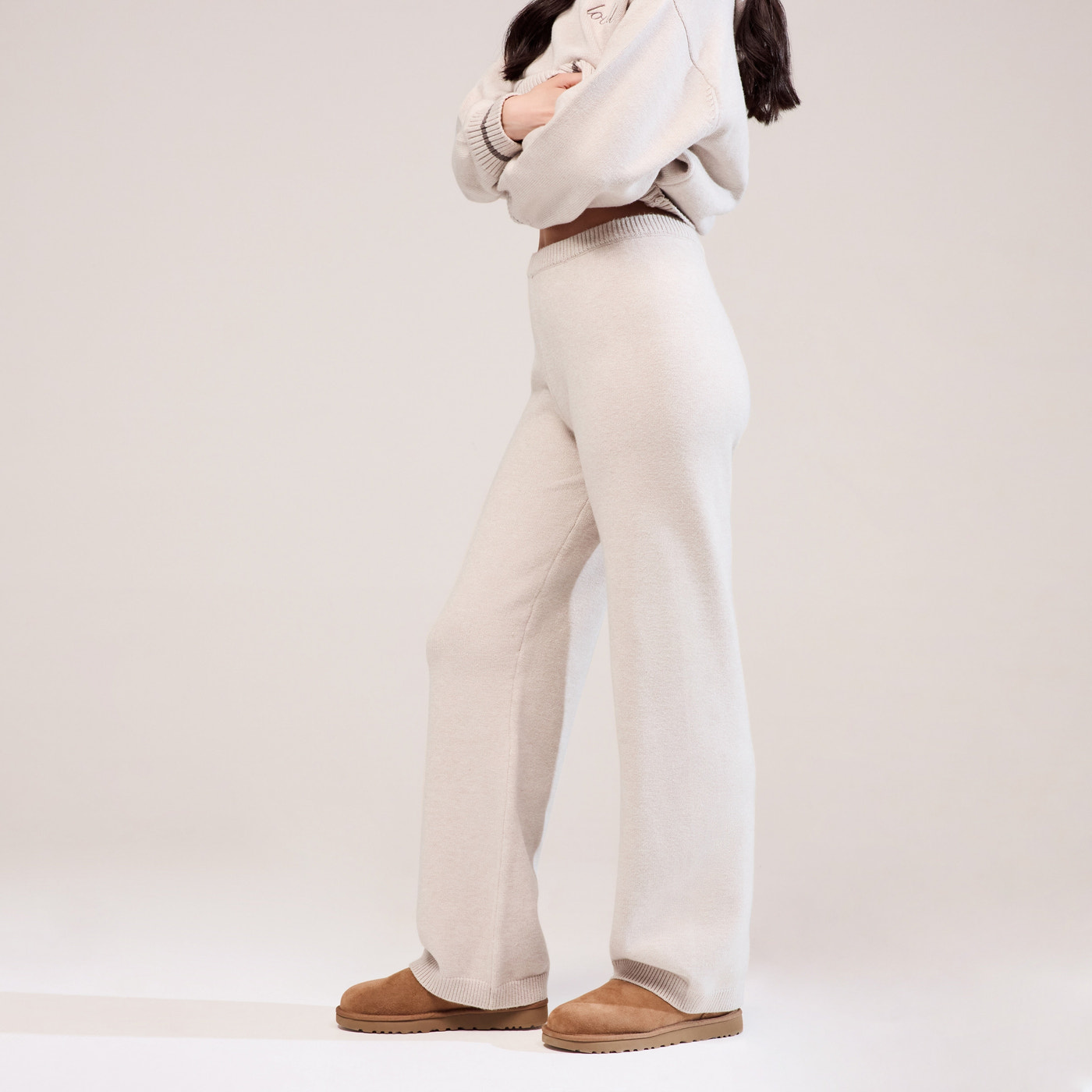 Soft Knit Wide Leg Trousers - Beige