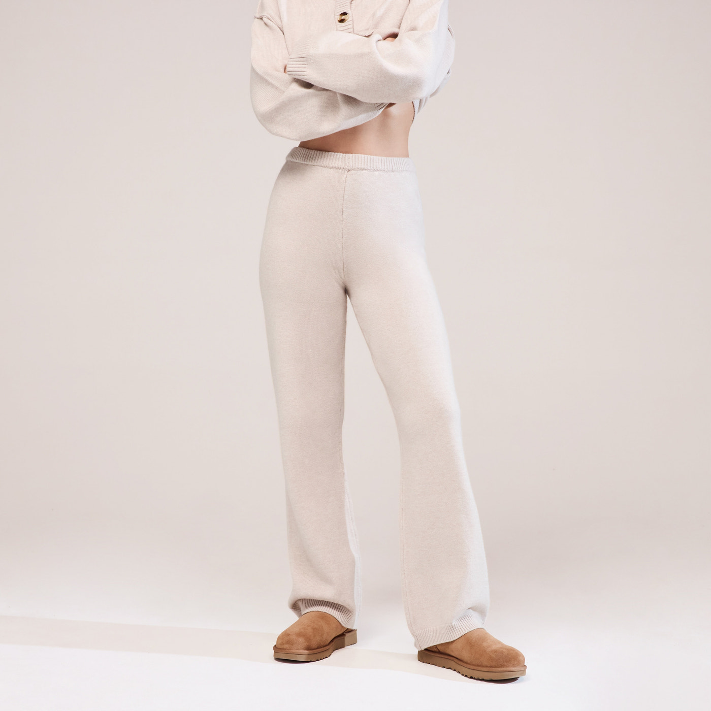 Soft Knit Wide Leg Trousers - Beige