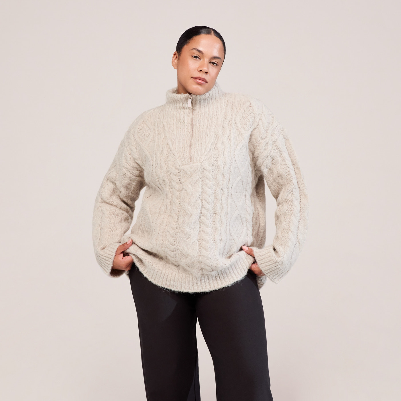 Curve Cable Knit 1/4 Zip Jumper - Beige