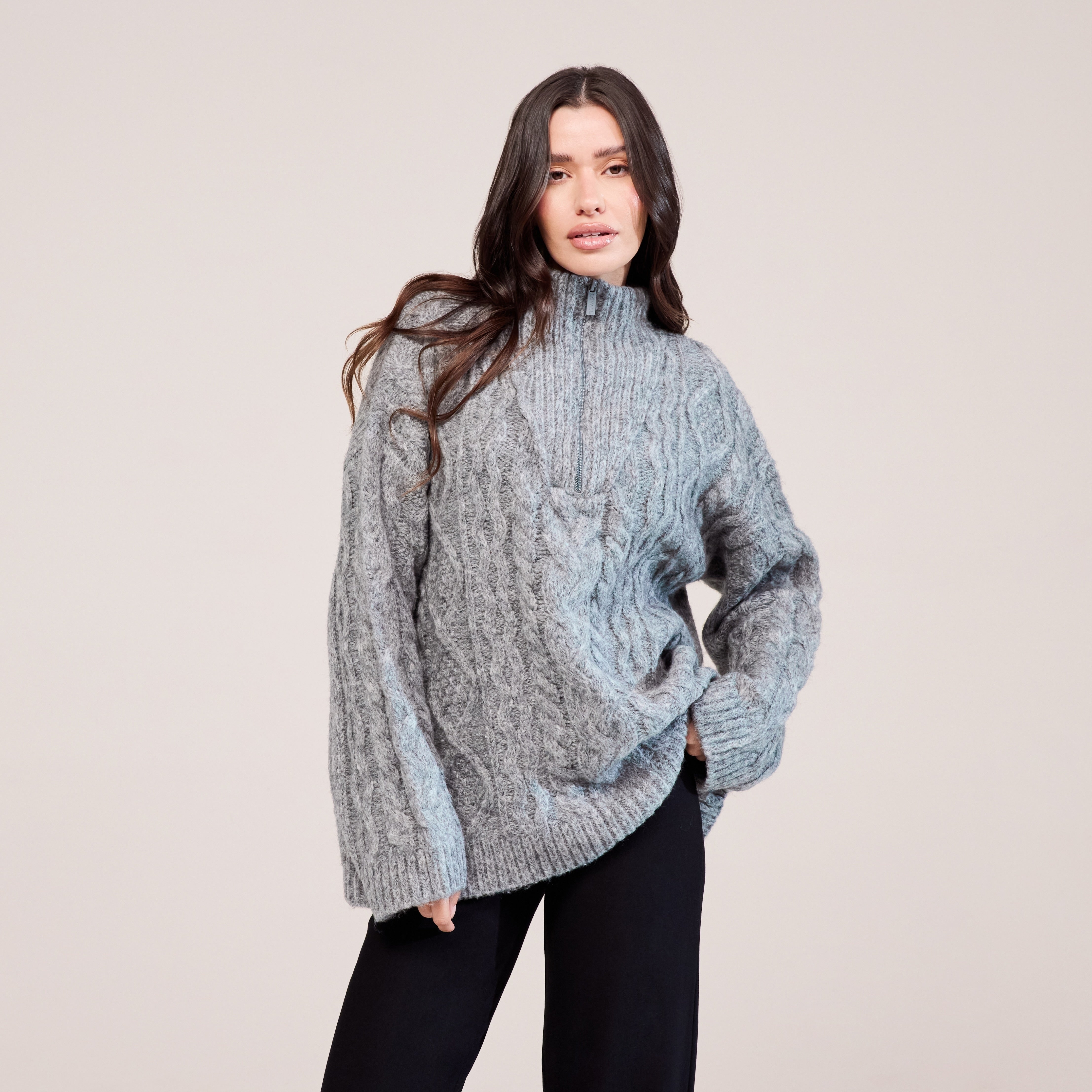 Pull col montant zippé en maille torsadée - Gris foncé