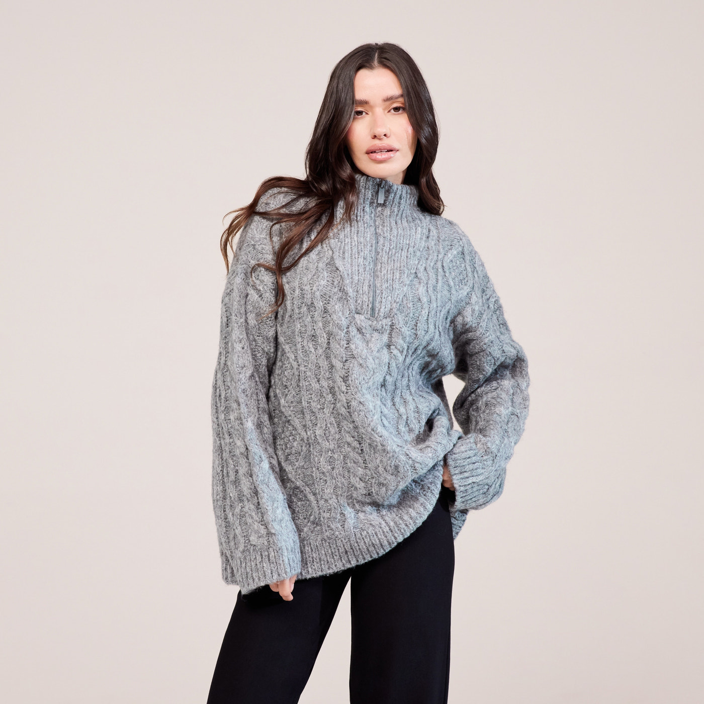 Cable Knit 1/4 Zip Jumper - Dark grey