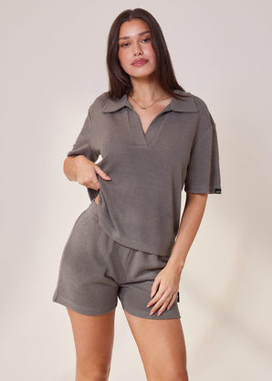 Lightweight Collared Knit Set - Slate Green