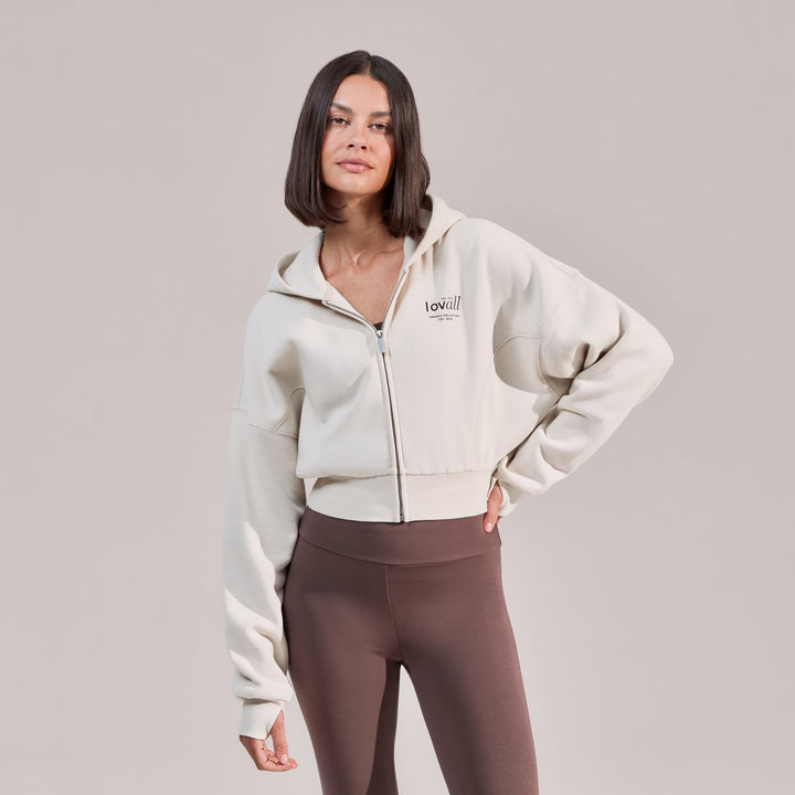 Sweat à capuche zippé en coton biologique - Écru