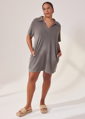 Curve Lightweight Collared Knit Dress - Slate Green