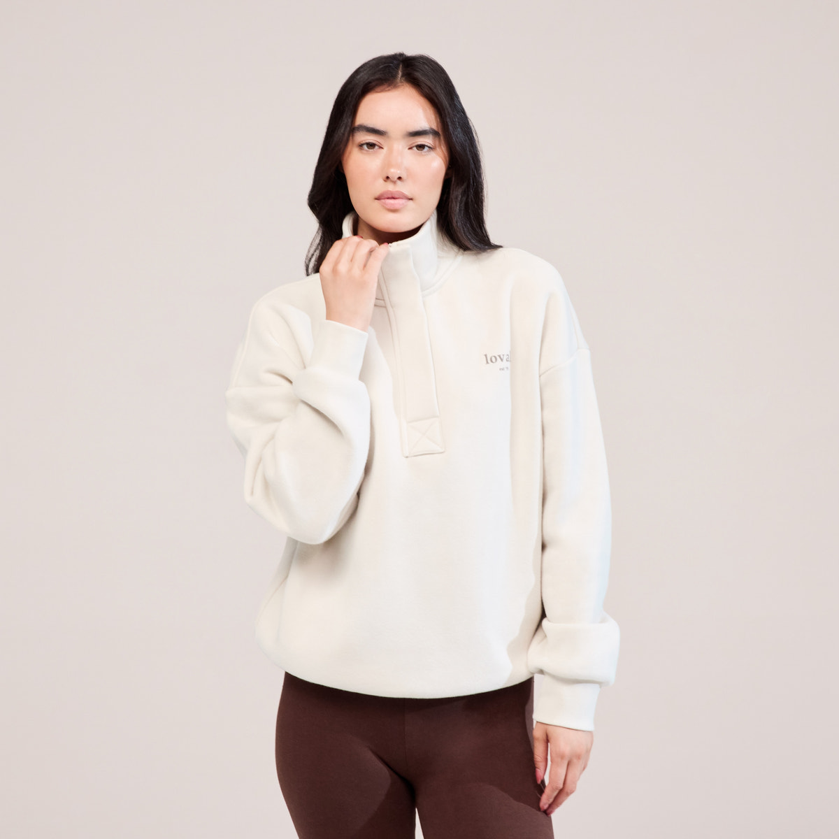 Sweat-shirt lourd avec fermeture éclair 1/4 - Écru