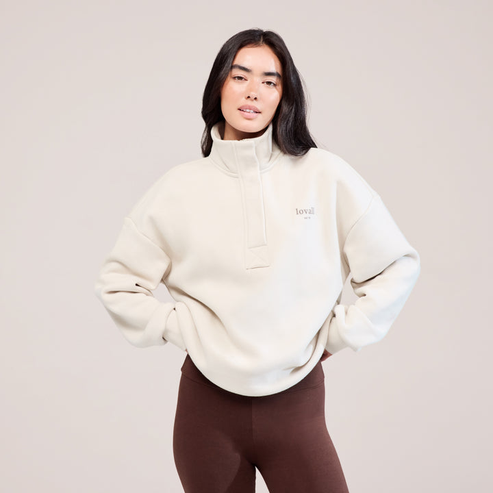 Sweat-shirt lourd avec fermeture éclair 1/4 - Écru