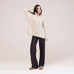 Pull en maille torsadée avec fermeture éclair 1/4 - Beige