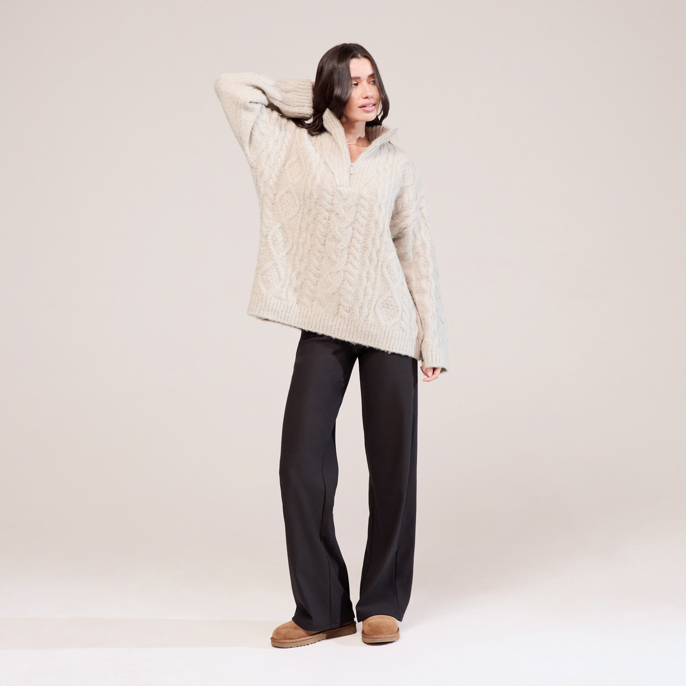 Cable Knit 1/4 Zip Jumper - Beige