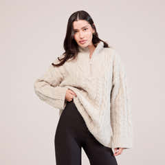 Pull en maille torsadée avec fermeture éclair 1/4 - Beige