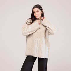 Pull en maille torsadée avec fermeture éclair 1/4 - Beige