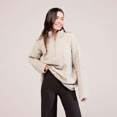 Pull en maille torsadée avec fermeture éclair 1/4 - Beige