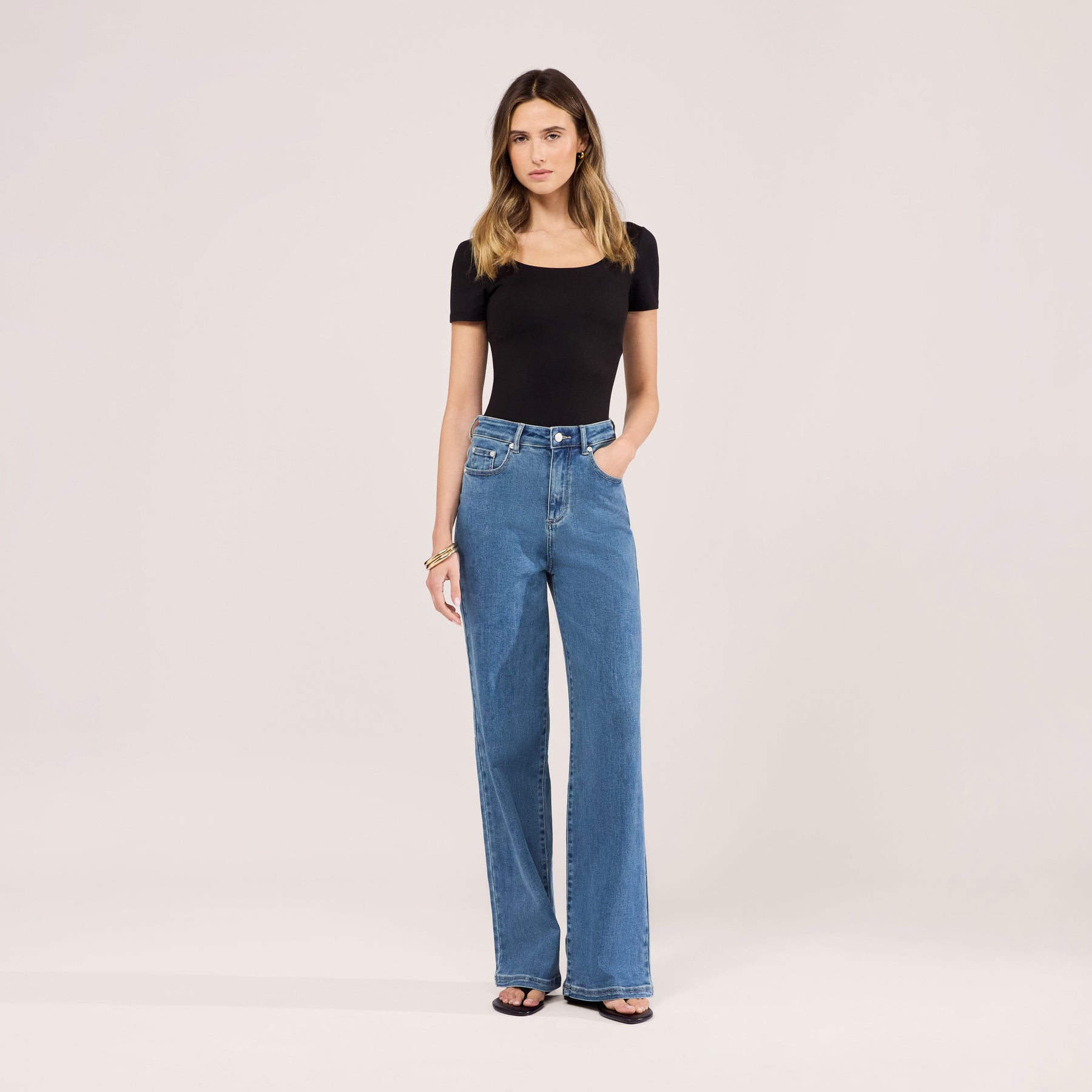 Stretch Wide Leg Jeans - Mid Blue