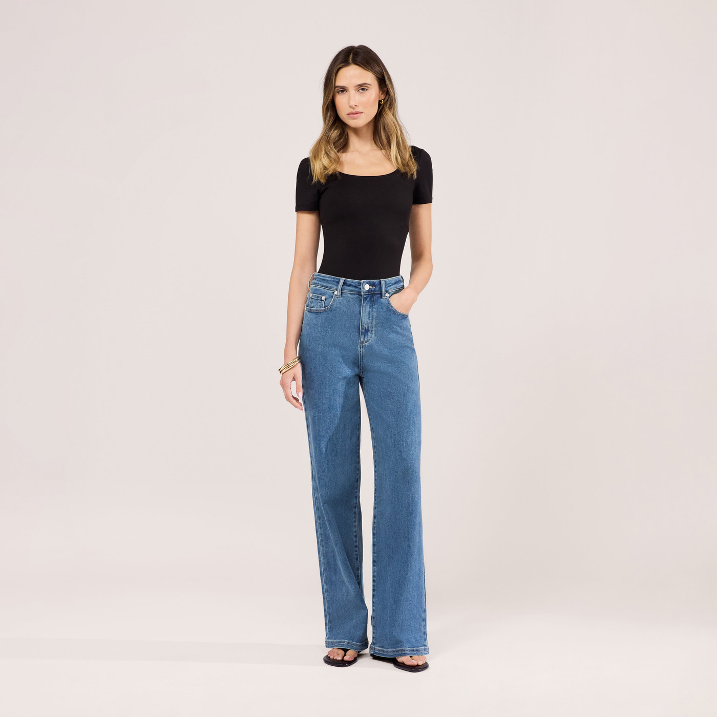 Stretch Wide Leg Jeans - Mid Blue