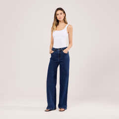 Jean ample taille haute extensible - Bleu foncé