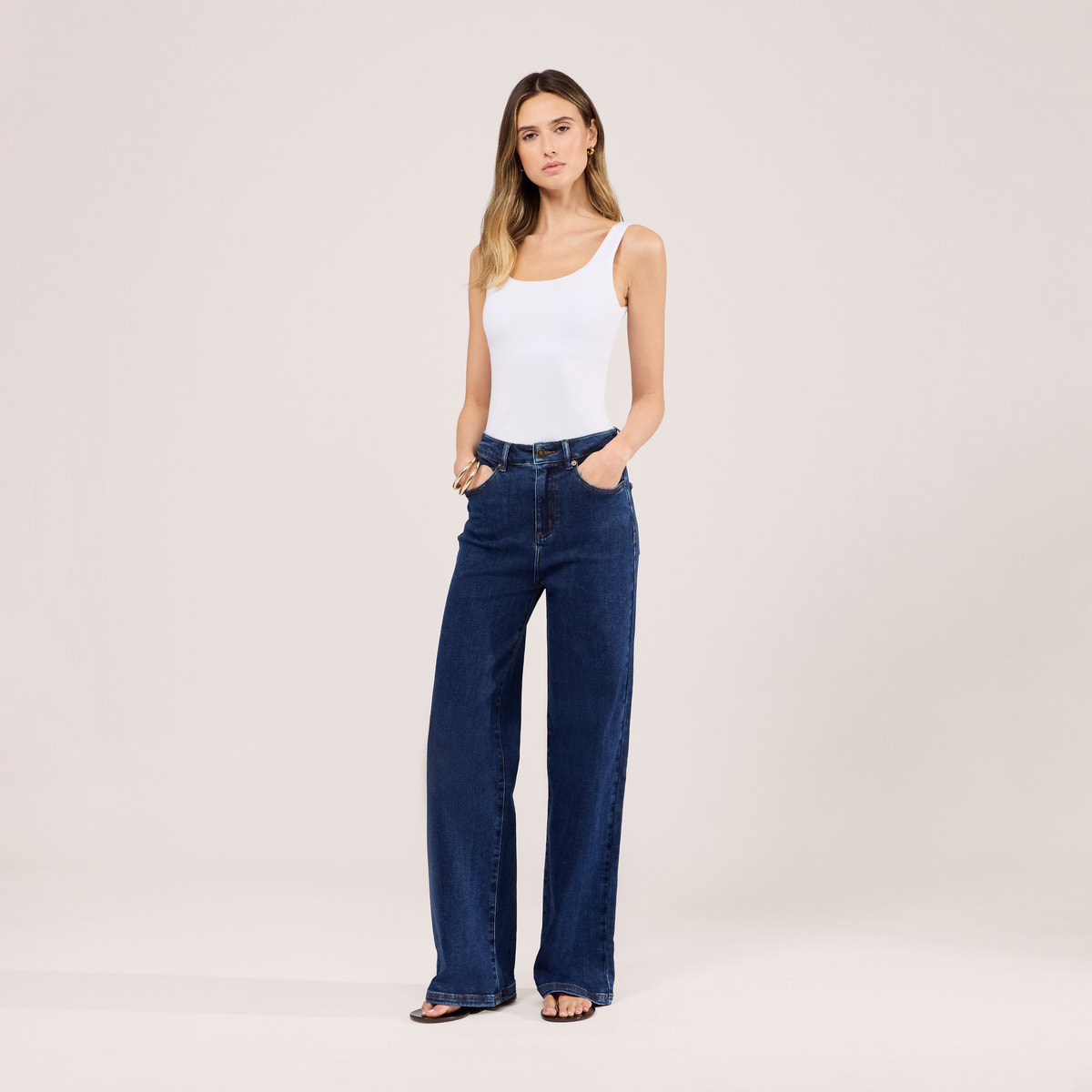 Jean ample taille haute extensible - Bleu foncé