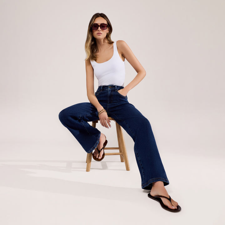 Jean ample taille haute extensible - Bleu foncé