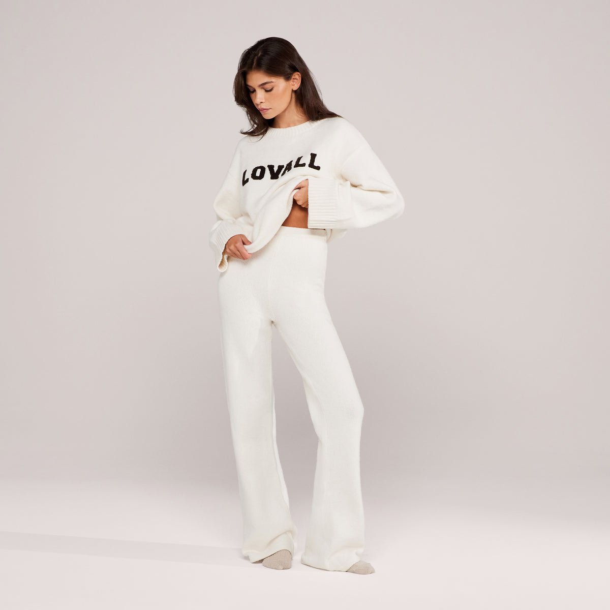 Pantalon large en maille brossée - Gris