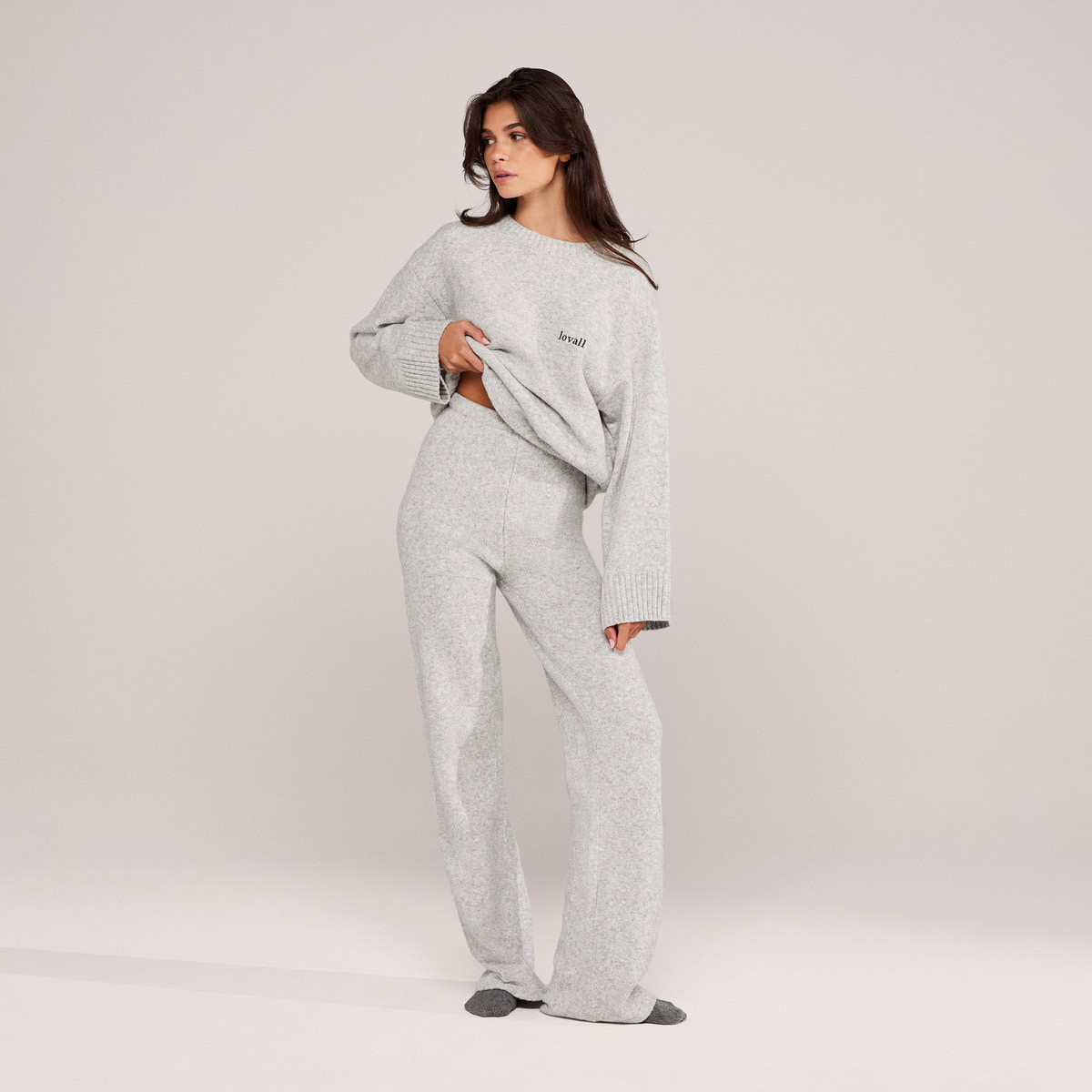 Pantalon large en maille brossée - Gris
