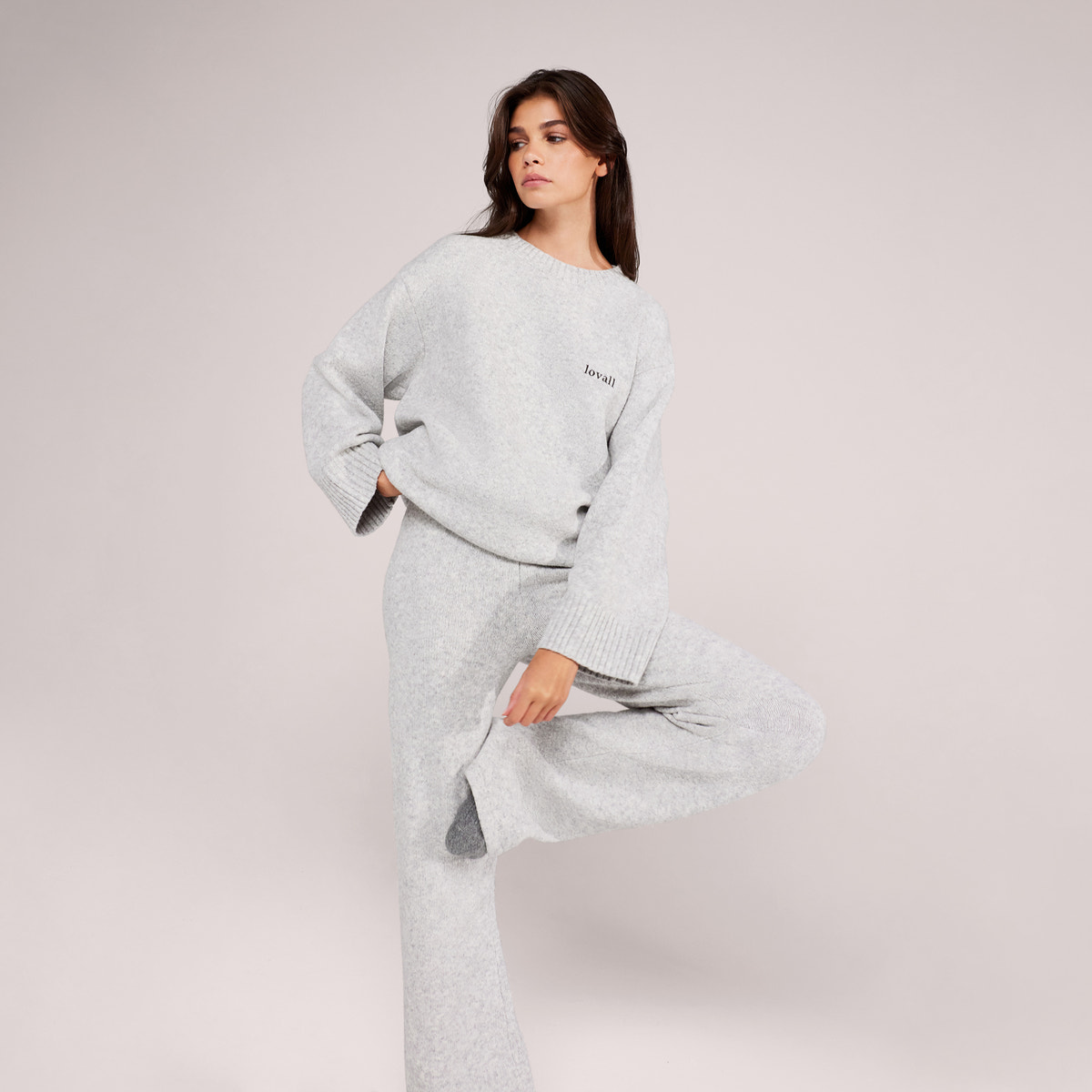 Pantalon large en maille brossée - Gris