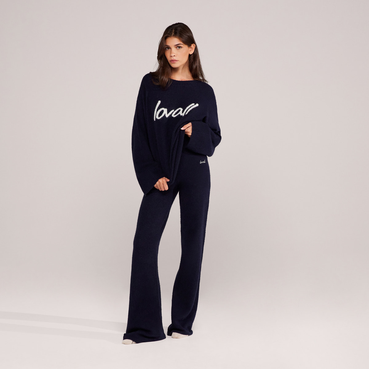 Pull oversize en maille brossée à motif manuscrit - Marine