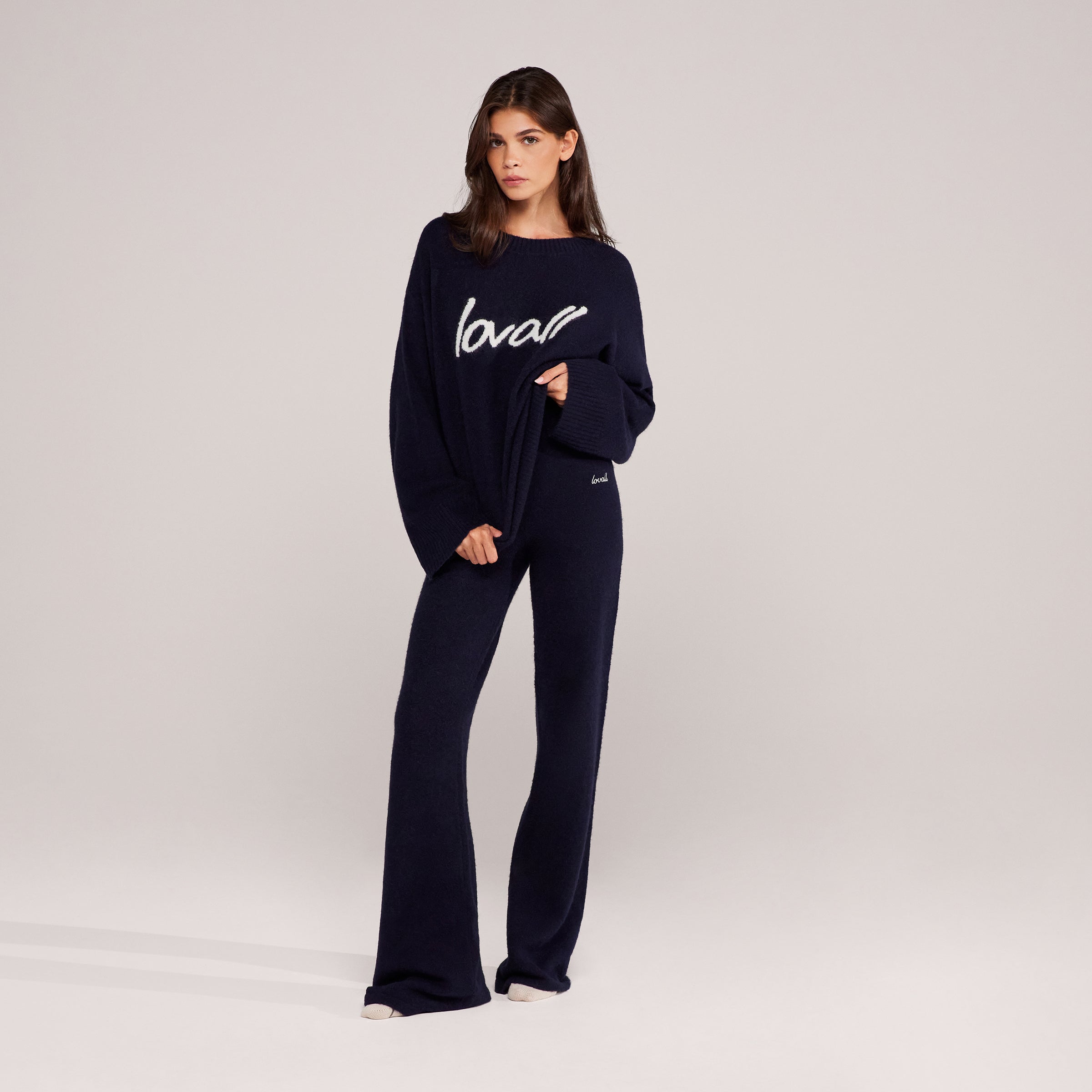 Pantalon large en maille brossée - Marine