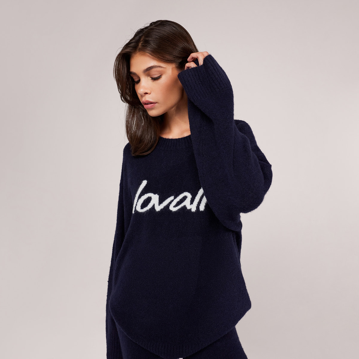 Pull oversize en maille brossée à motif manuscrit - Marine