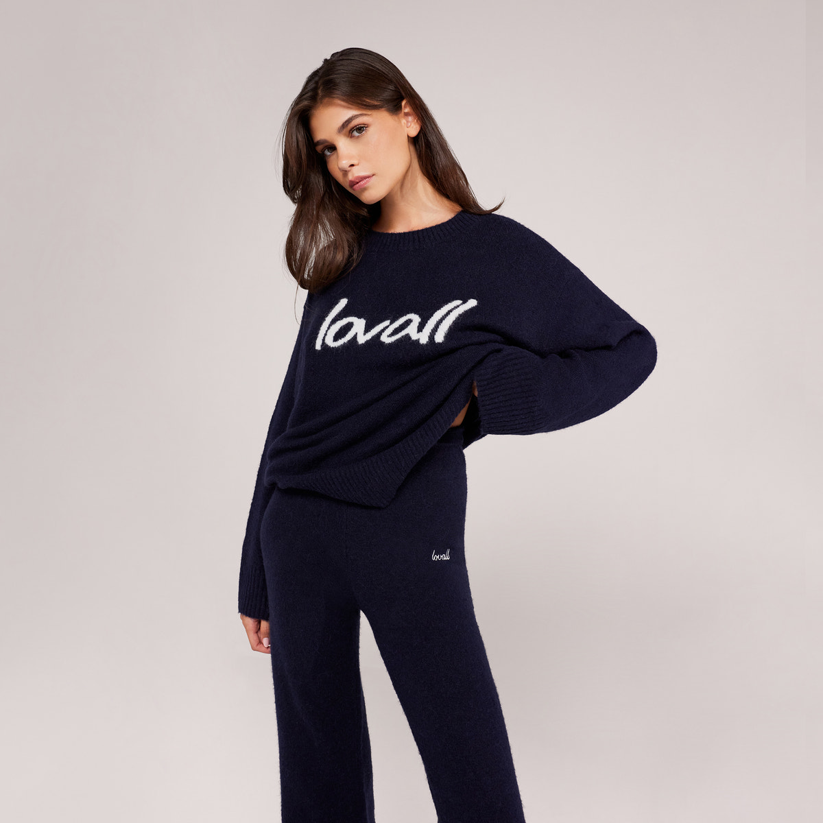 Pull oversize en maille brossée à motif manuscrit - Marine