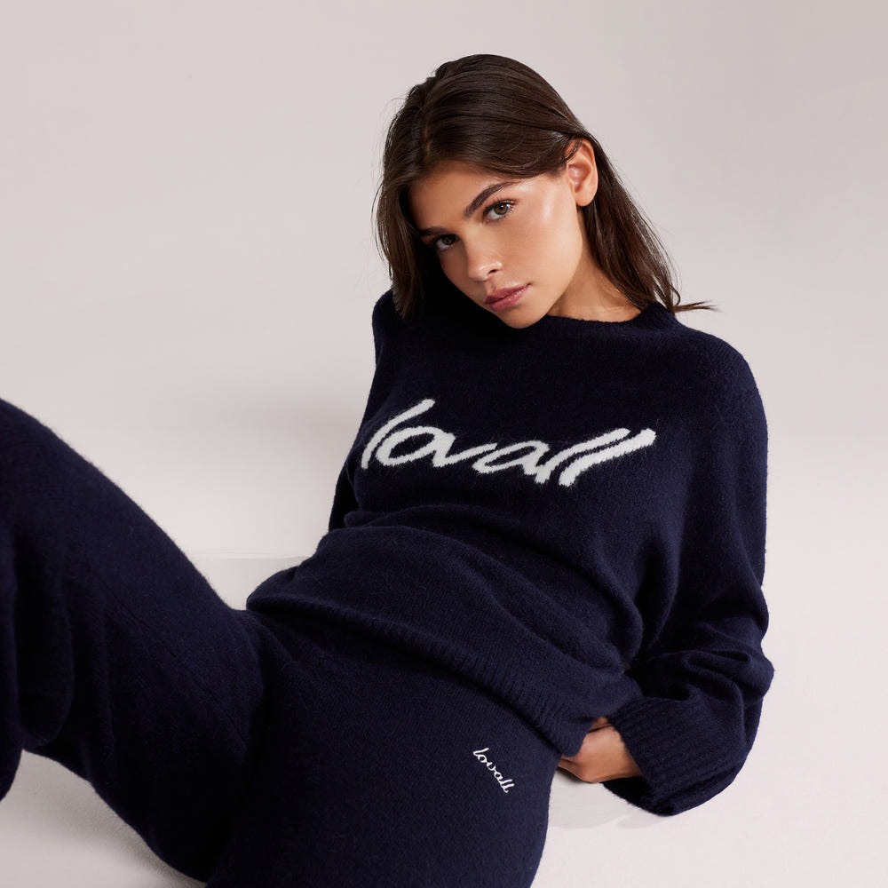 Pull oversize en maille brossée à motif manuscrit - Marine