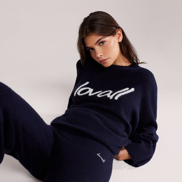 Pull oversize en maille brossée à motif manuscrit - Marine