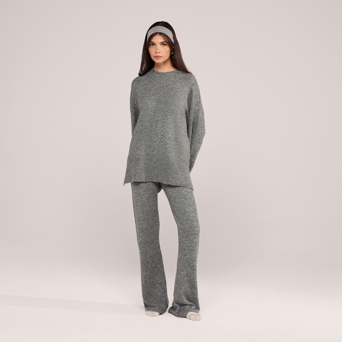 Pull oversize à ourlet fendu en maille brossée - Gris