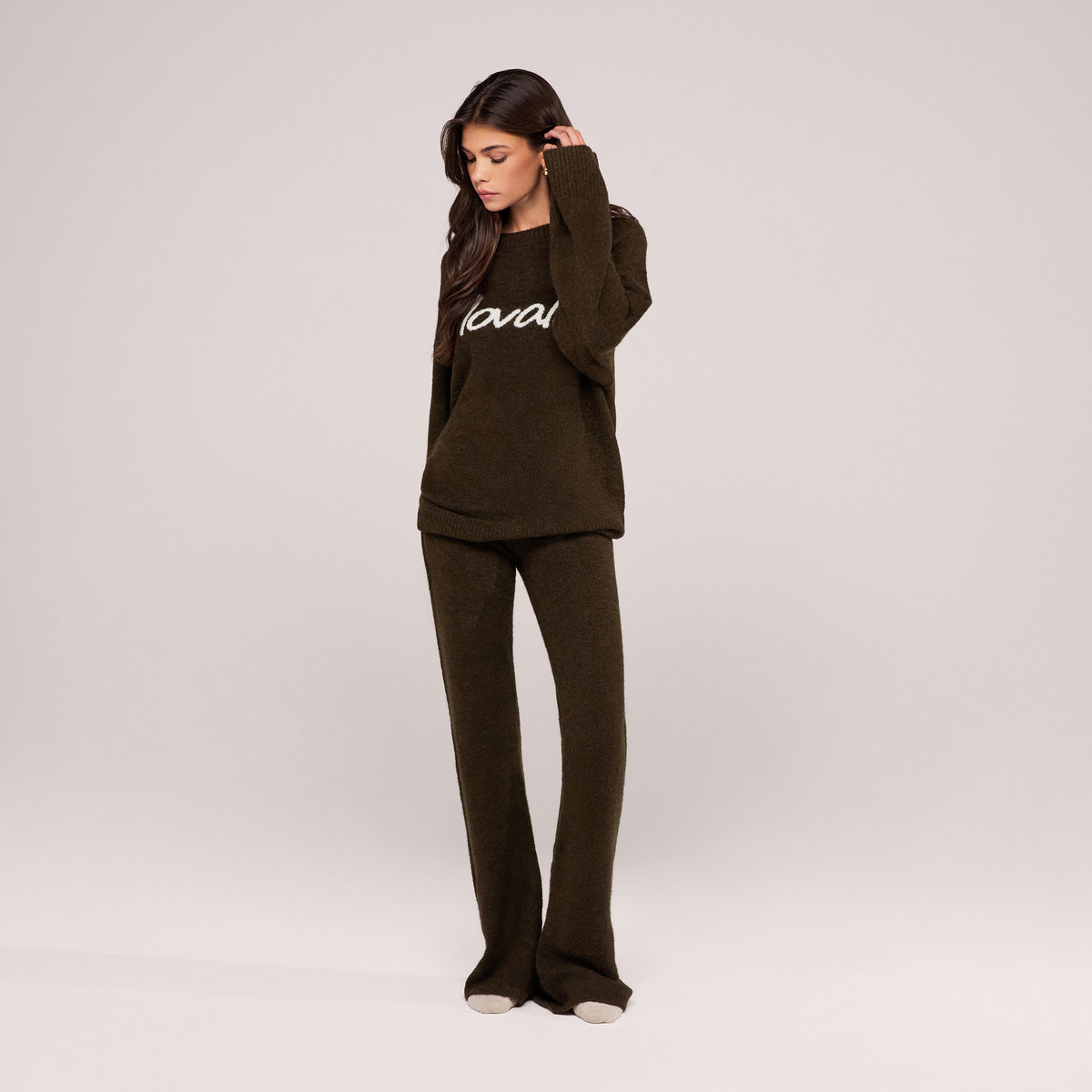 Pantalon ample en maille brossée - Vert olive foncé