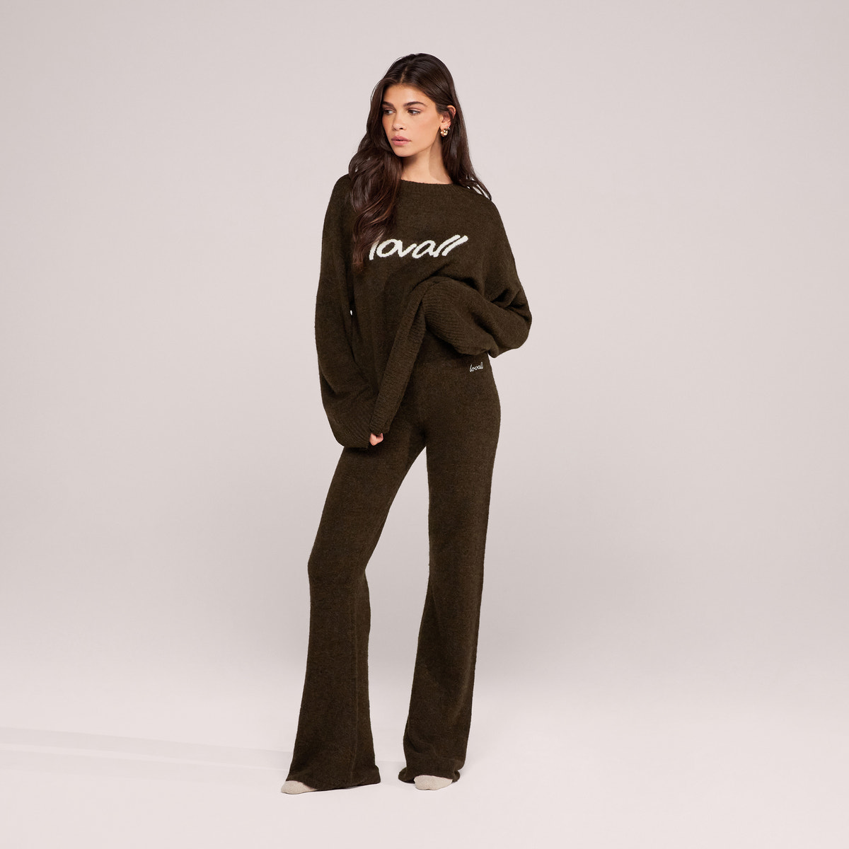 Pantalon ample en maille brossée - Vert olive foncé