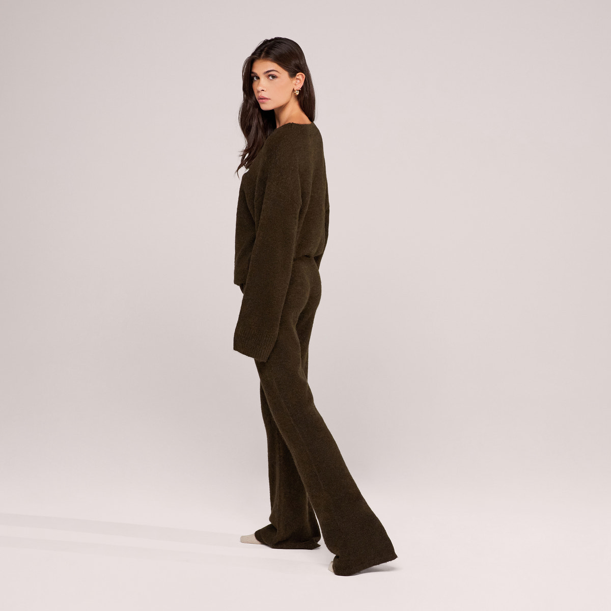 Pantalon ample en maille brossée - Vert olive foncé