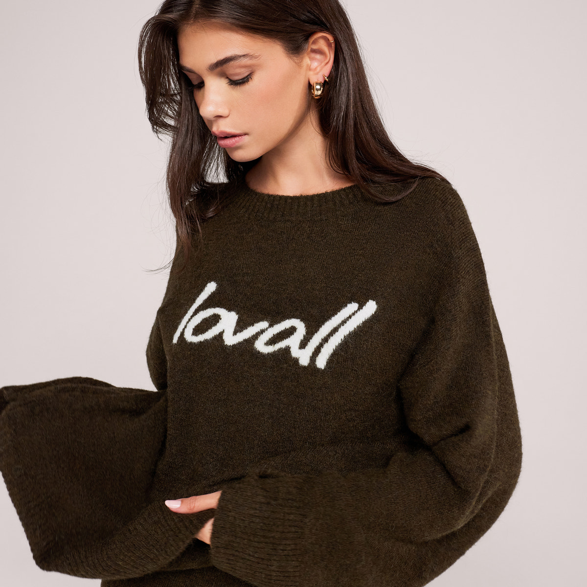 Pull surdimensionné en maille brossée à motif - Vert olive foncé