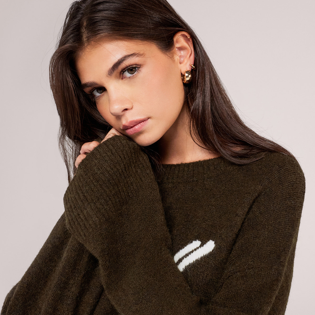 Pull surdimensionné en maille brossée à motif - Vert olive foncé