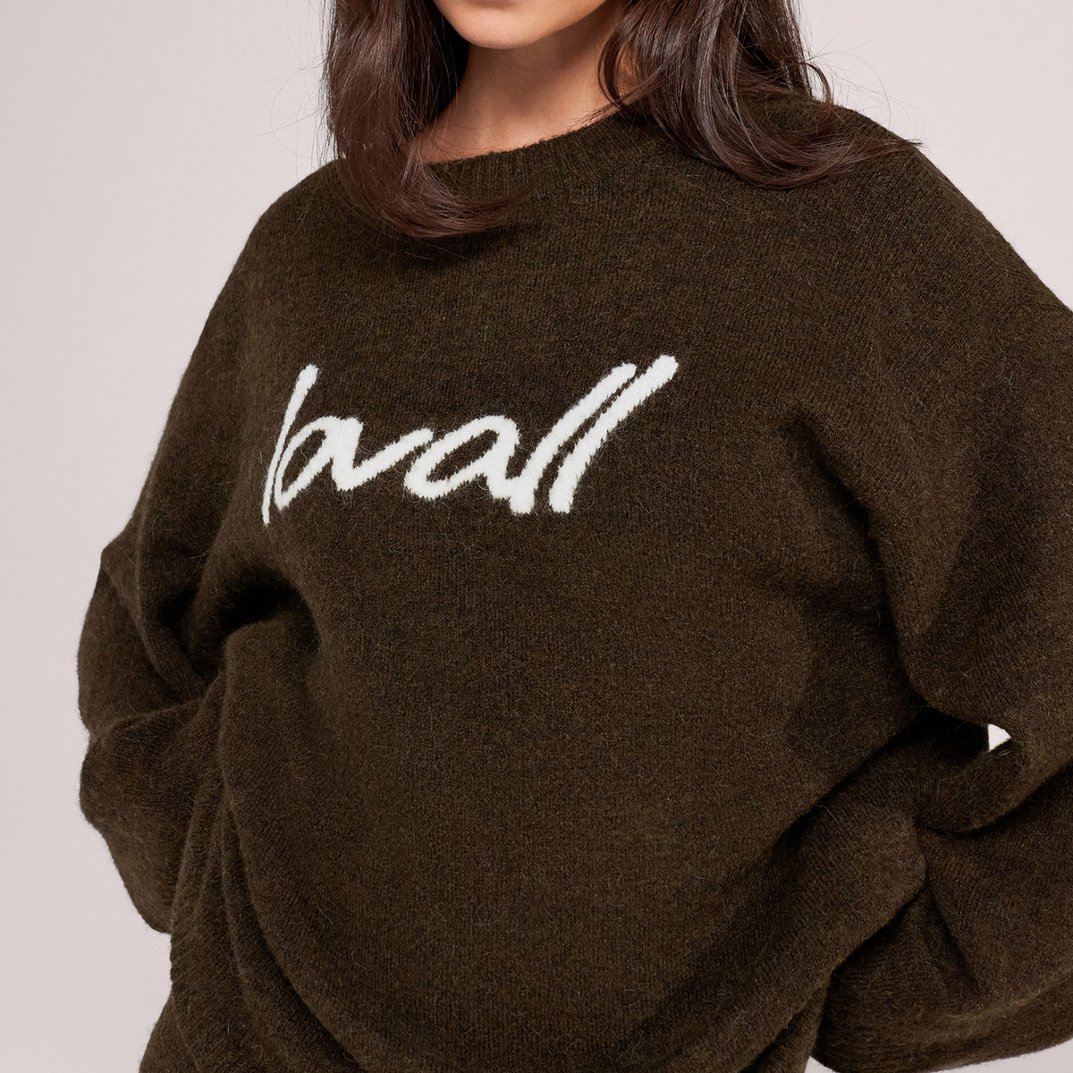 Pull surdimensionné en maille brossée à motif - Vert olive foncé