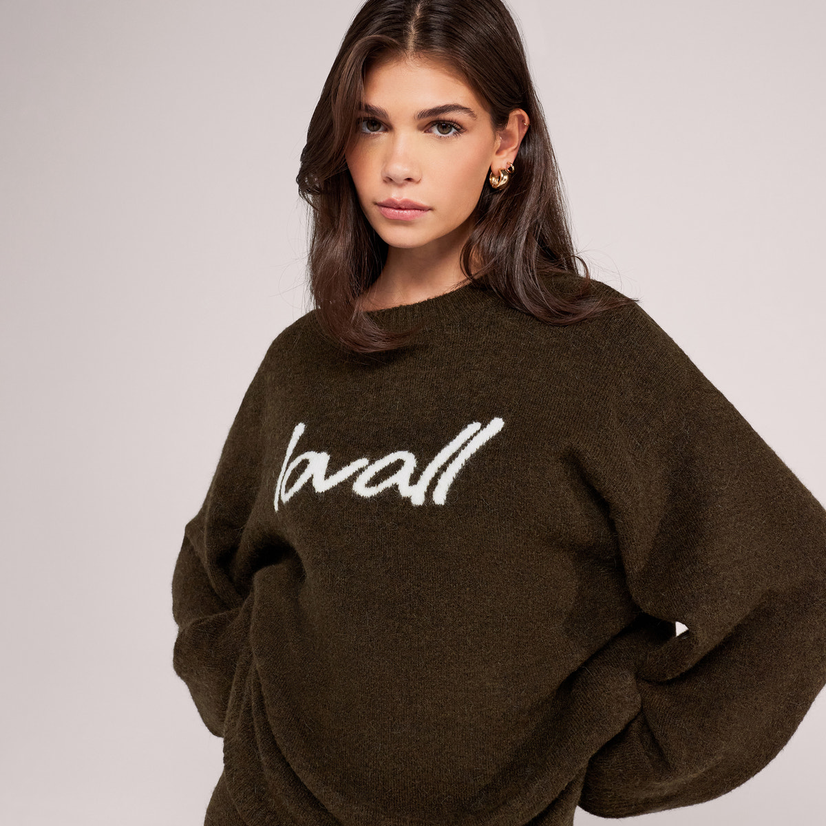 Pull surdimensionné en maille brossée à motif - Vert olive foncé